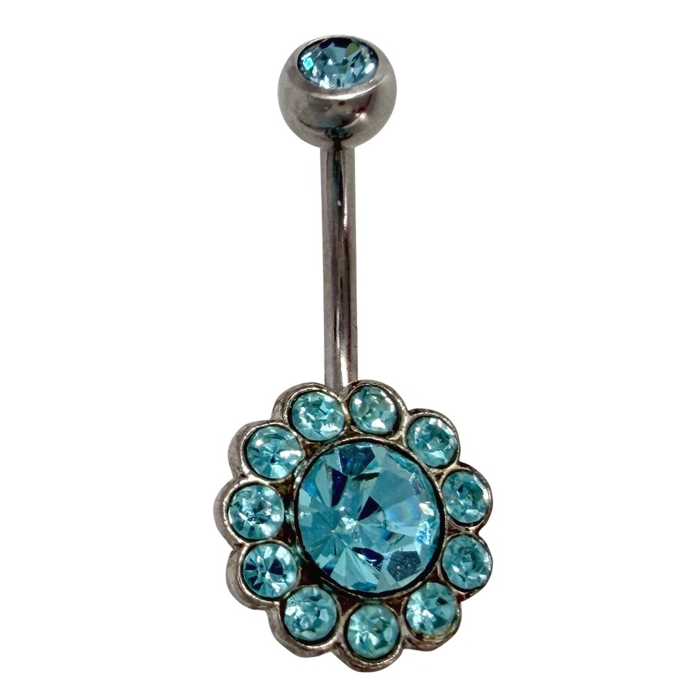 Y2K Aqua Rhinestone Flower Belly Button Ring Silver Tone Retro Navel Jewelry